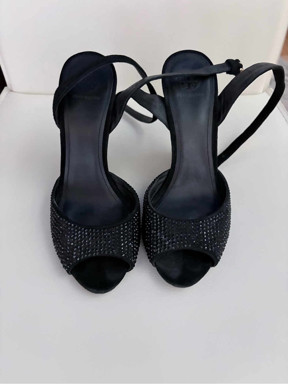 Tory Burch Black Crystal-Studded Open-Toe Ankle Strap Heels